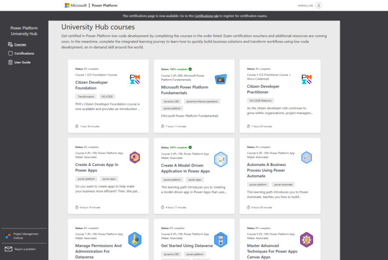 Microsoft and PMIs Power Platform University Hub dashboard showcasing available courses