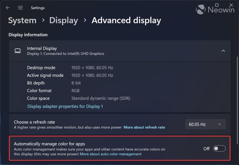 Windows 11s Settings app with the auto color management option highlighted