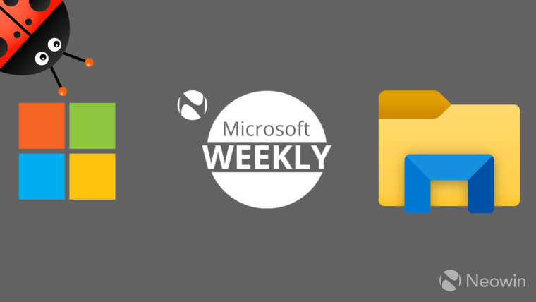 Microsoft Weekly graphic with a Microsoft logo on the left with a ladybug peeking from the top-left 