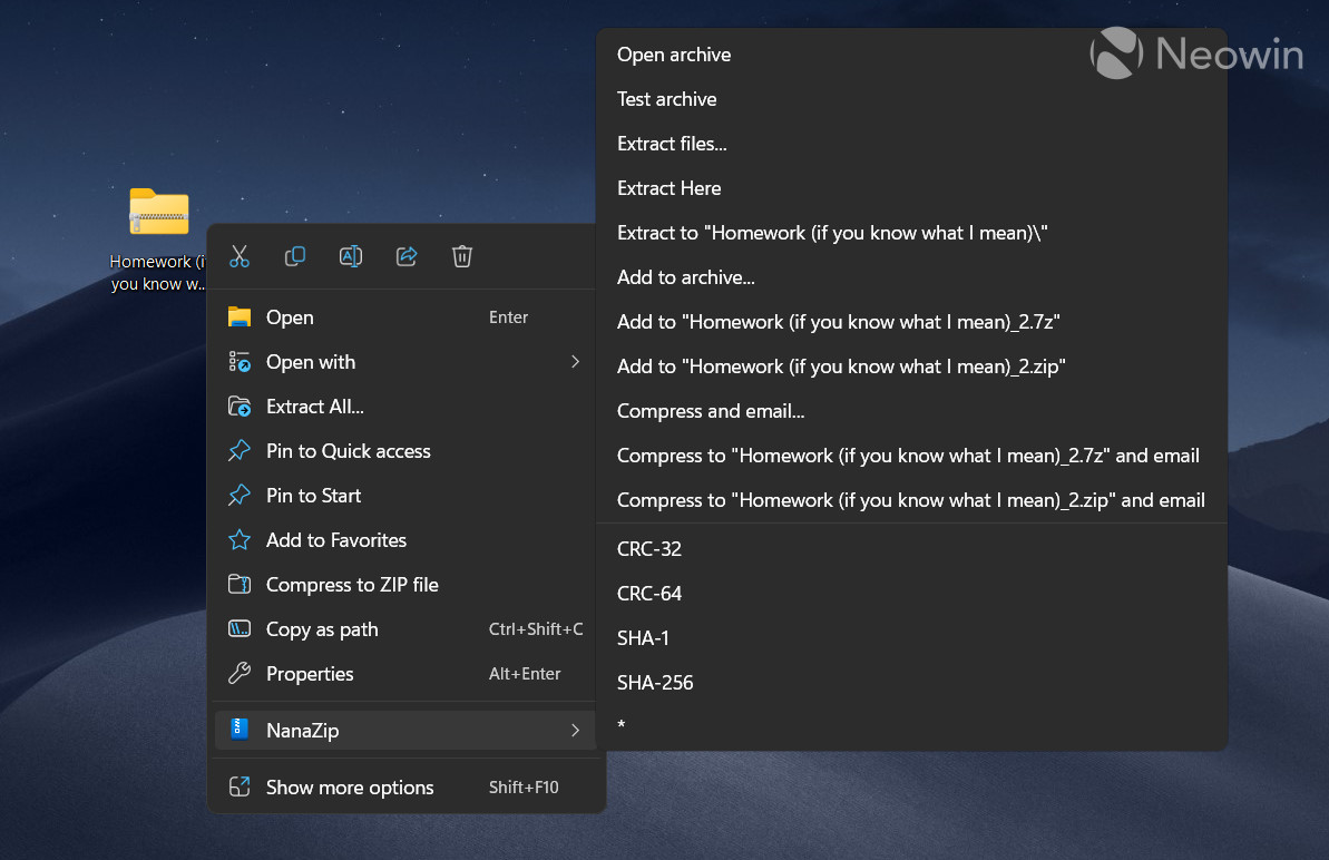 A screenshot of Nanazip in Windows 11s context menu
