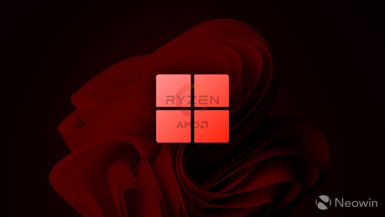 Windows 11 bloom in red with Ryzen logo in middle