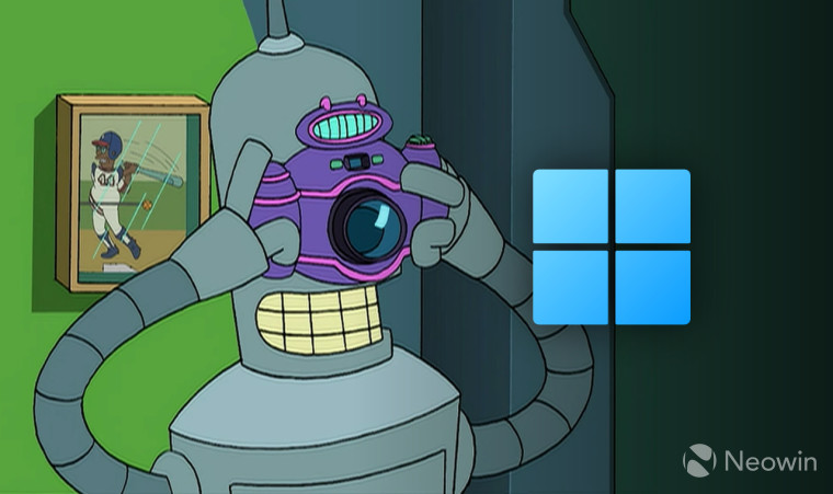 A screenshot from Futurama with Bender taking a picture of a superimposed Windows 11 logo