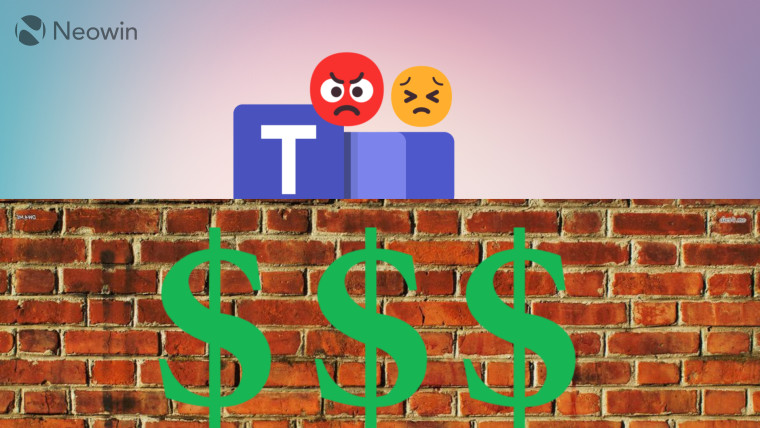 Microsoft Teams logo behind a physical paywall with sad and angry emojis