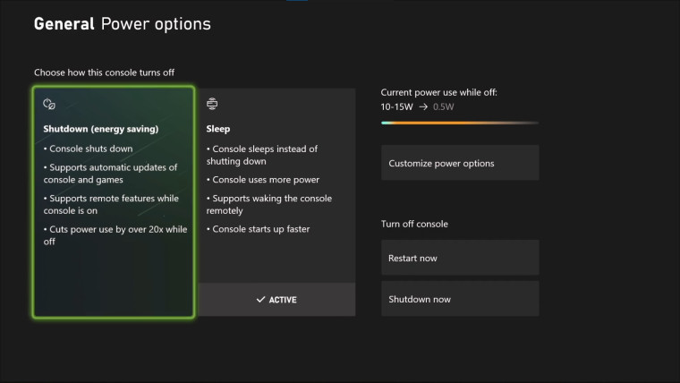 The new Shutdown energy saving option in Xbox consoles is showcased in comparison with other power o