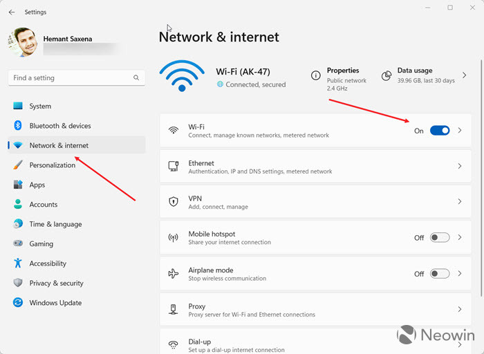 Wi-Fi Menu Windows Settings App