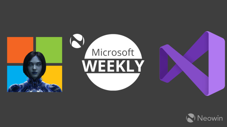 Microsoft Weekly graphic with Cortana superimposed on the Microsoft logo on the left and Visual Studio