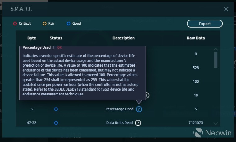 Samsung Magicians built in SMART report