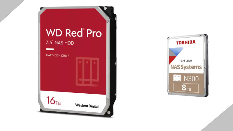 WD Red Pro and Toshiba N300 CMR hard disk drives side by side