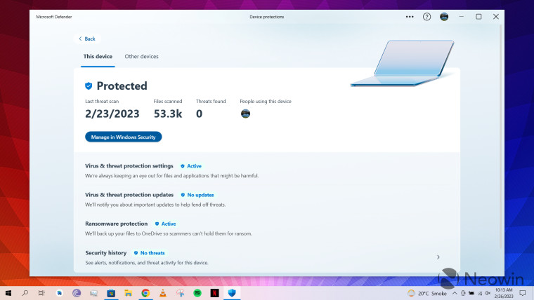 A screenshot of Microsoft Defender open on a Windows 10 PC