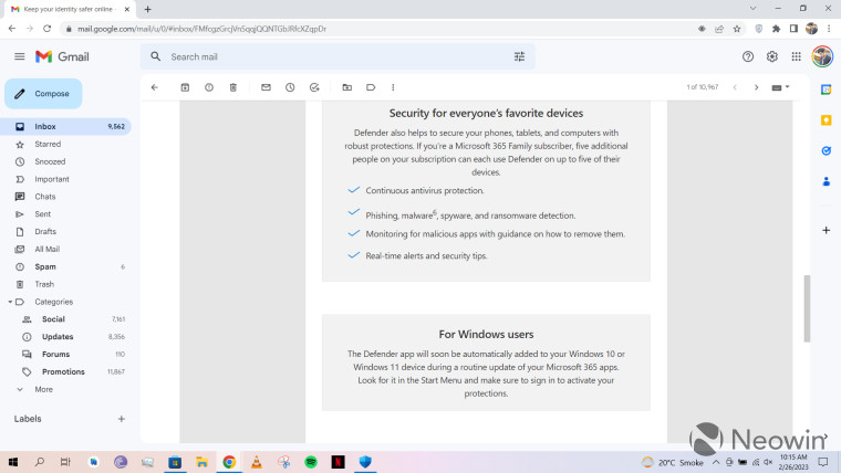 A screenshot of an email in Gmail about Microsoft Defender being automatically installed on Windows 