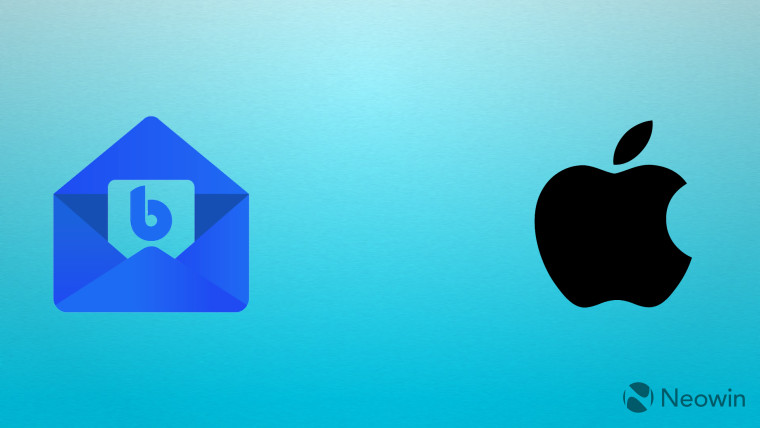 BlueMail and Apple logos on a blue background