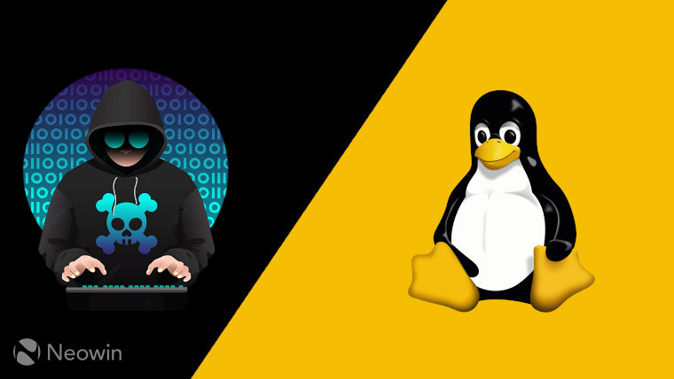 Linux penguin mascot on the right and hacker clipart on the left