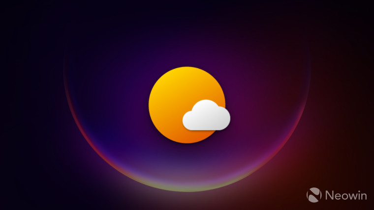 A Microsoft Weather logo with a stock Windows 11 wallpaper in the background