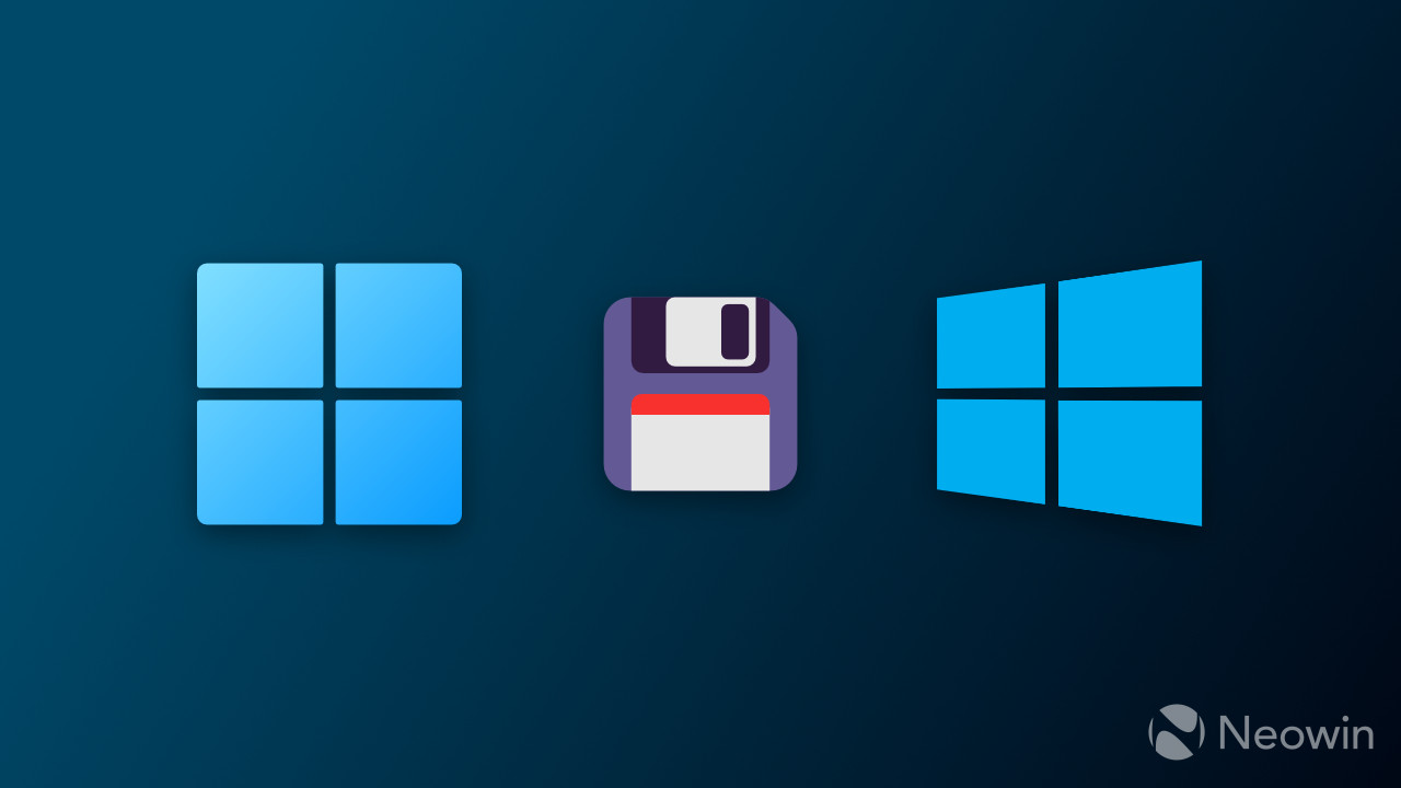 Windows 10 and 11 logos with a save emoji