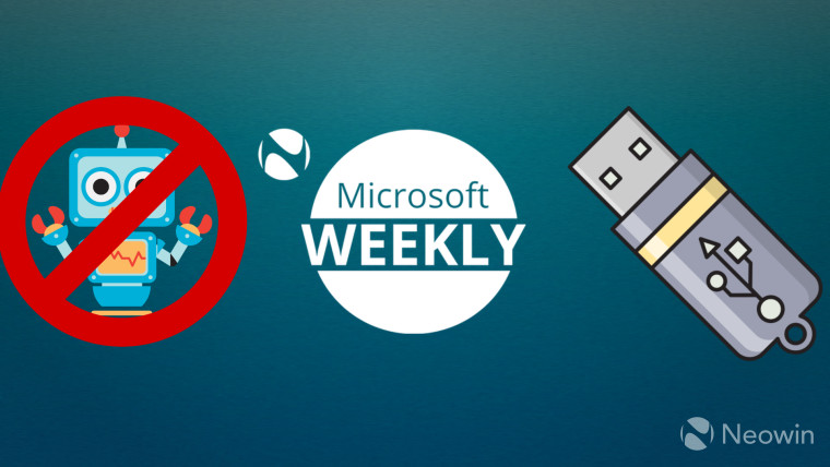 A Microsoft Weekly graphic featuring a robot clipart with a slash on the left and a USB on the right