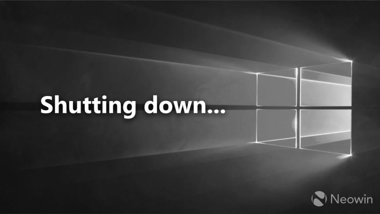 A black-and-white stock Windows 10 walppaper with a shutting down script on it