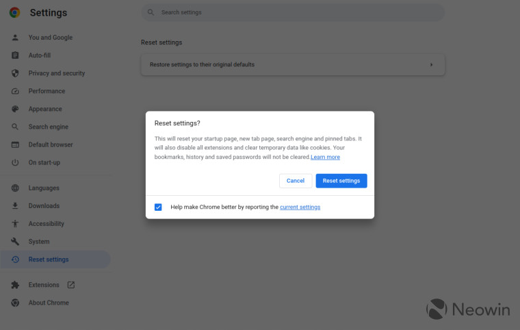 The reset dialog in Google Chrome