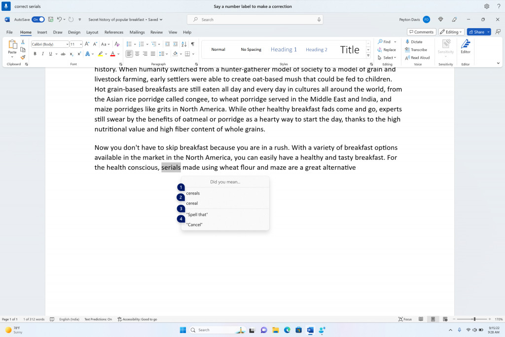 A word document showing corrections window with candidates for the text “cereals”.