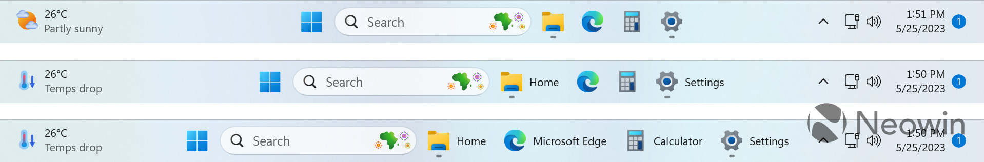 Three variants of the updated Windows 11 taskbar