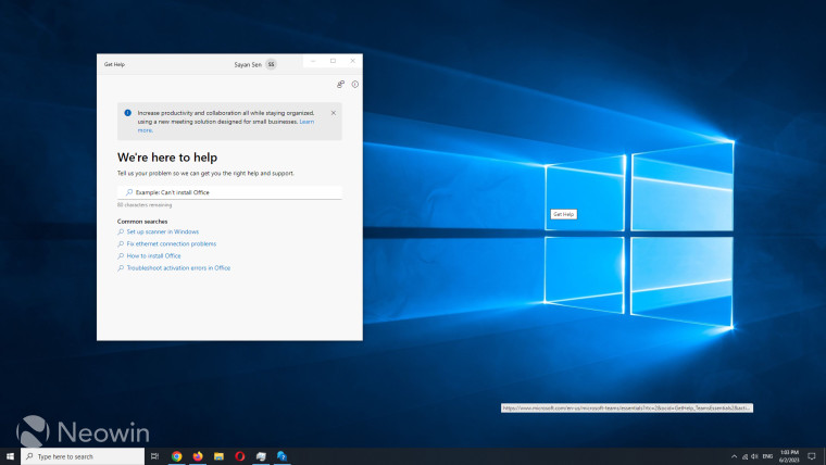 MS Teams Essentials ad in the Get Help app on Windows 10