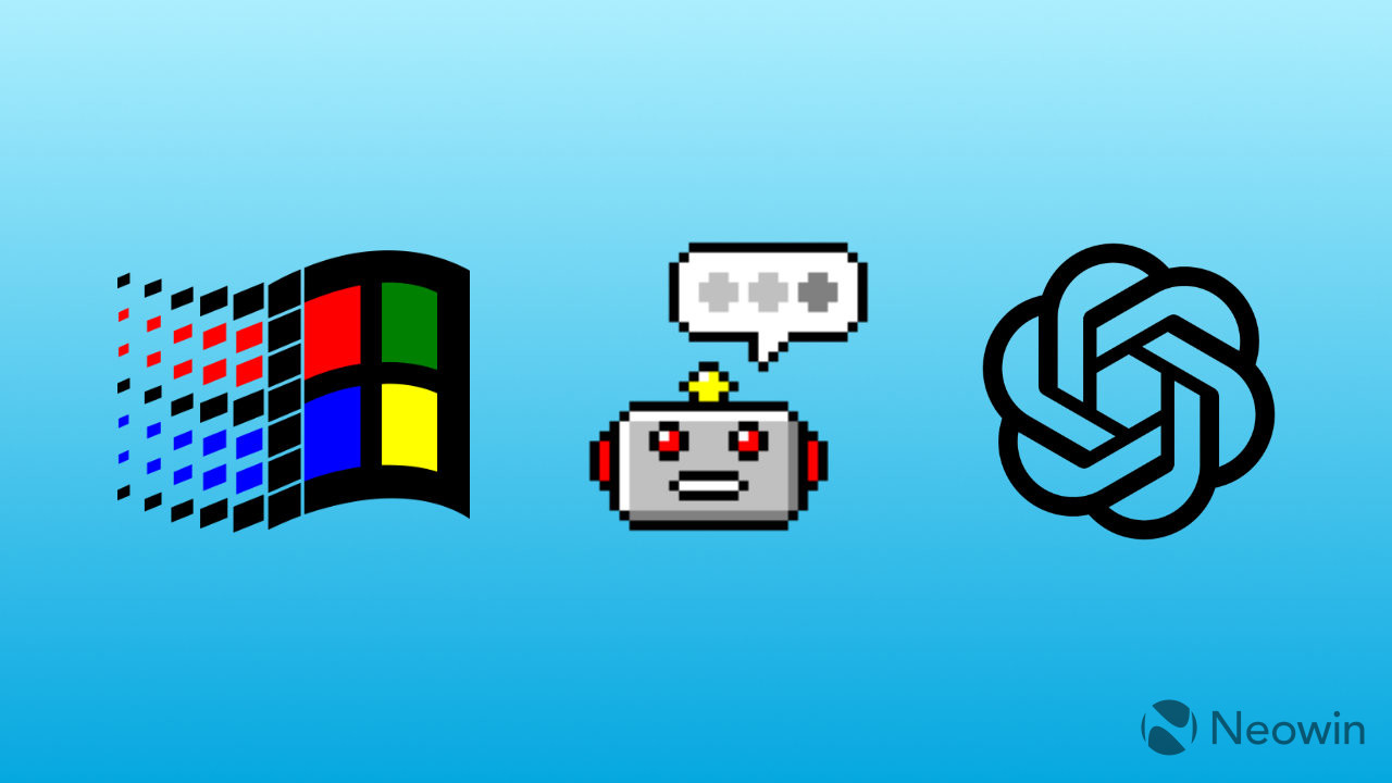 A Windows 31 logo next to a WinGPT app logo next to a ChatGPT logo