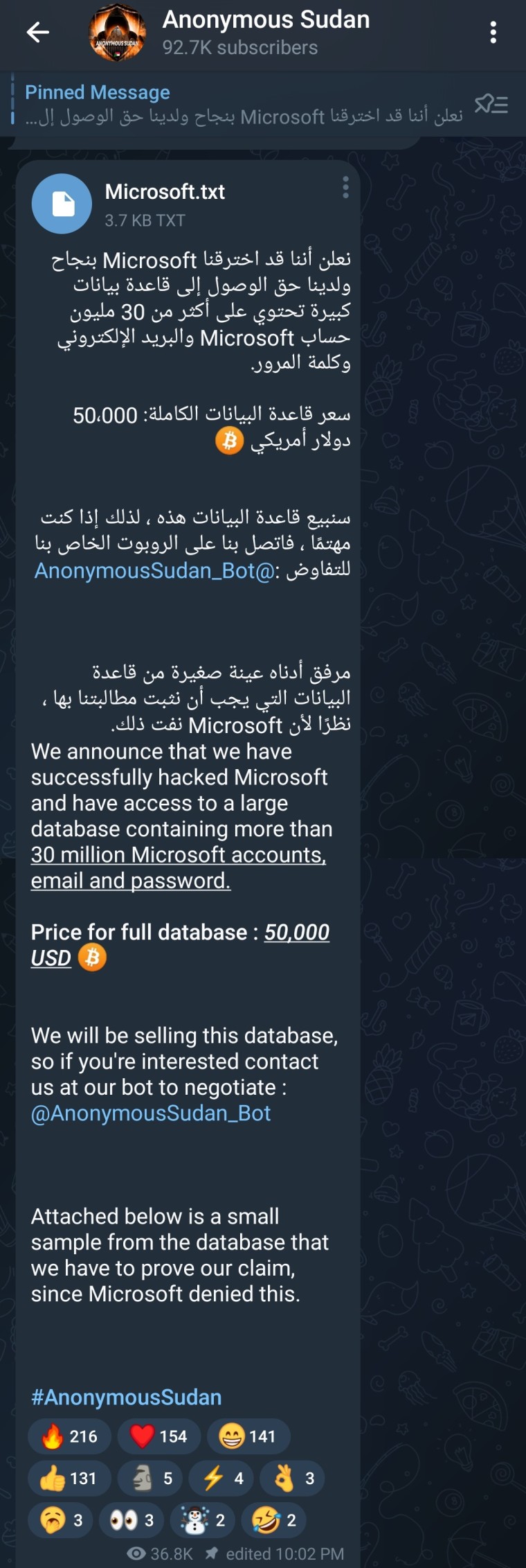 Screenshot of Telegram channel of Anonymous Sudan