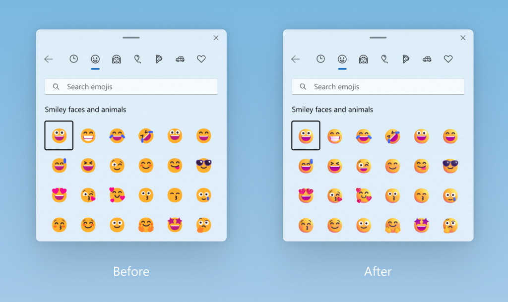 Antes e depois do formato de cor atualizado para emoji.