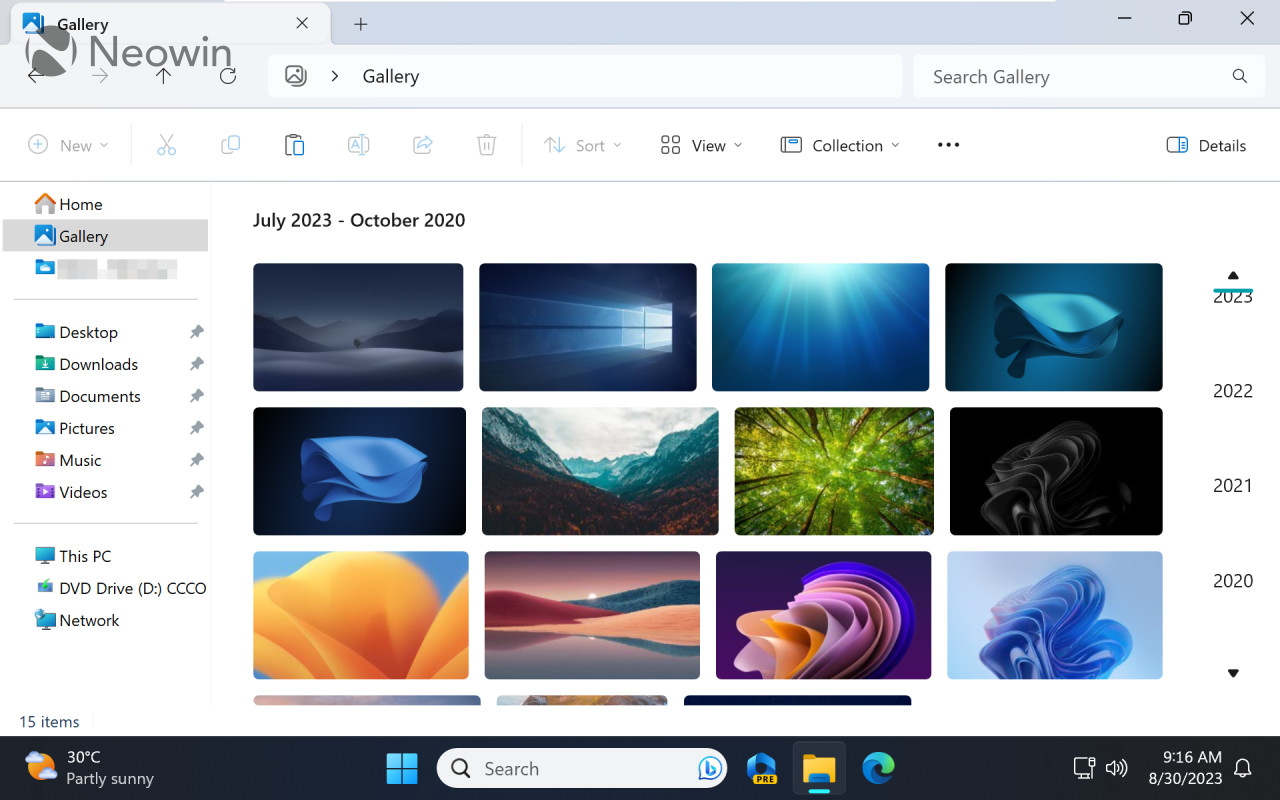 A screenshot showing File Explorers new Gallery feature in Windows 11