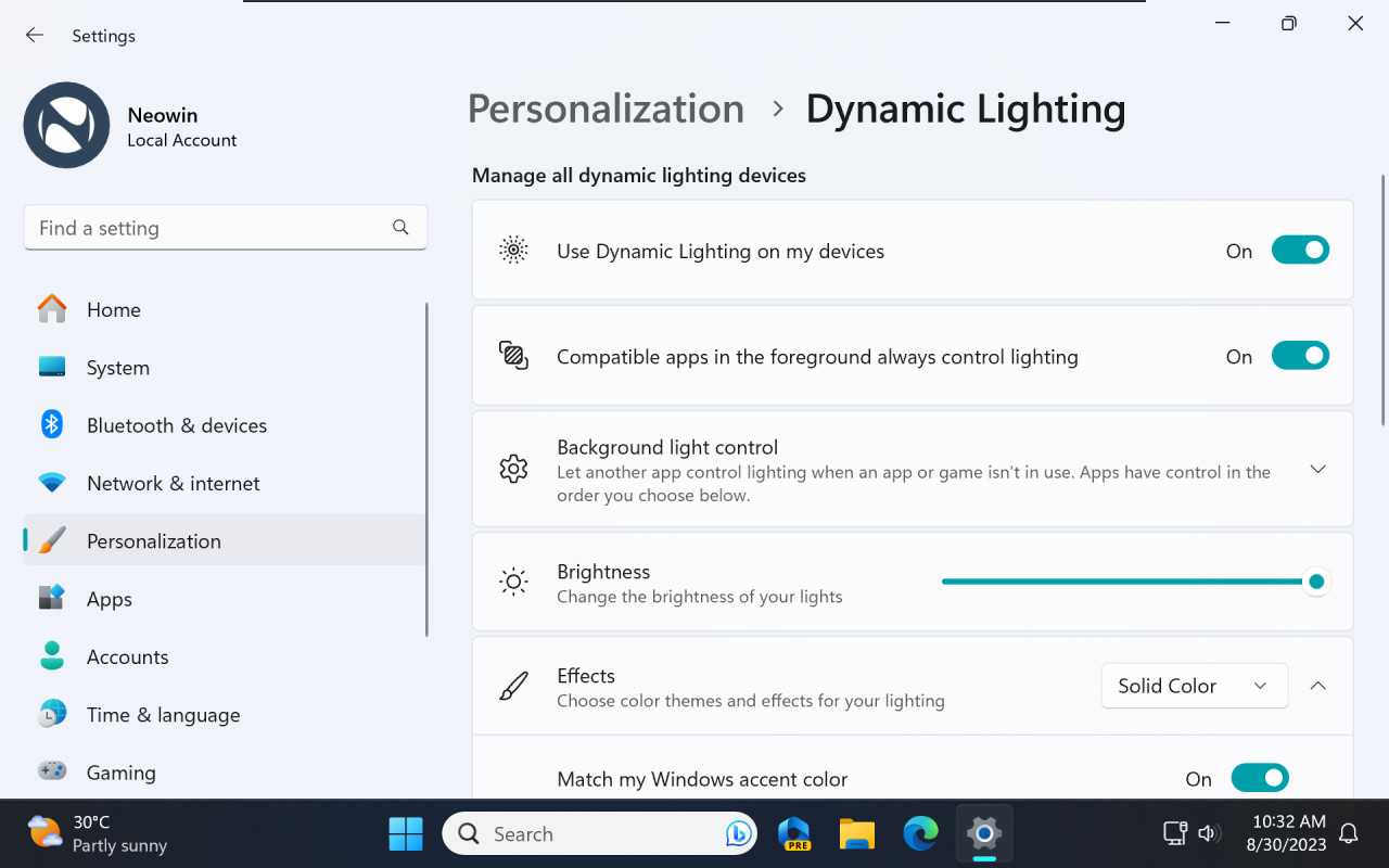 A screenshot of the Settings app in Windows 11 showing dynamic lightning options