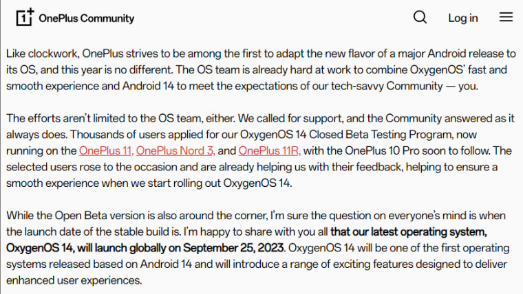 OnePlus community post regarding OxygenOS 14 launch date