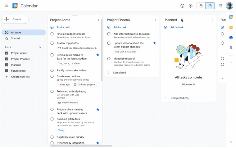 Full-screen view of tasks on Google Calendar