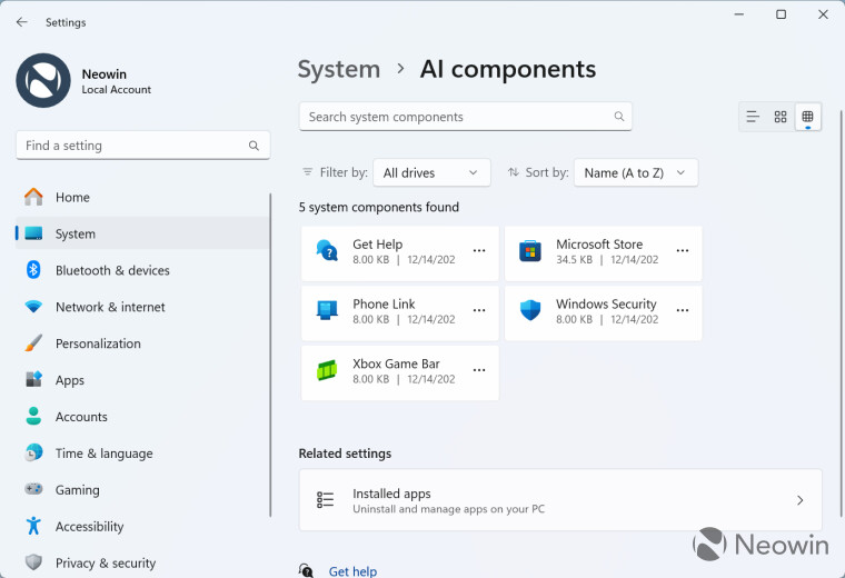 The AI components section in Windows 11s Settings app