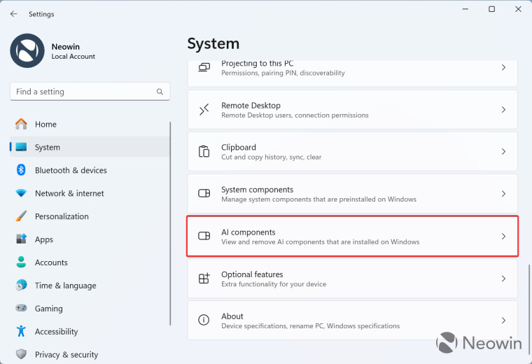 The AI components section in Windows 11s Settings app