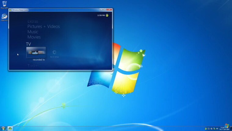 Windows Media Center running on Windows 7 installed atop Windows 11