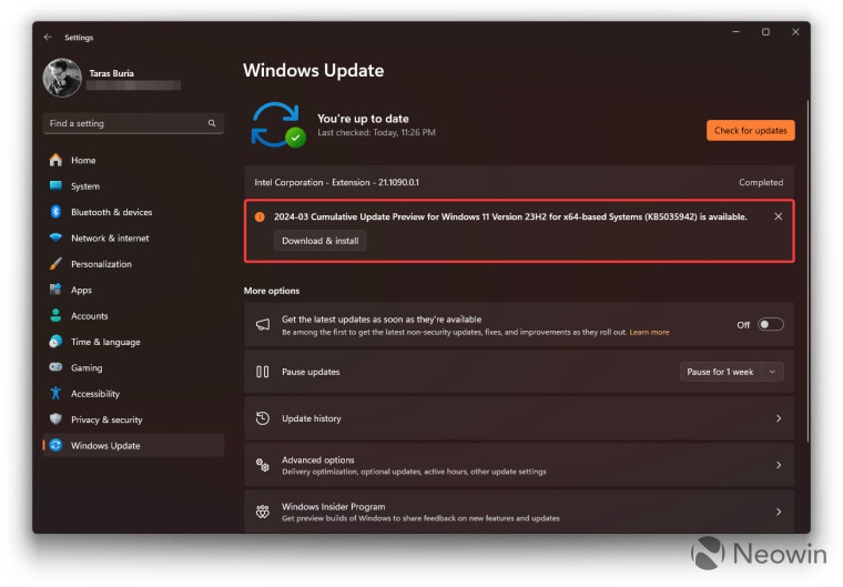 Windows Update Settings in Windows 11 showing KB5035942