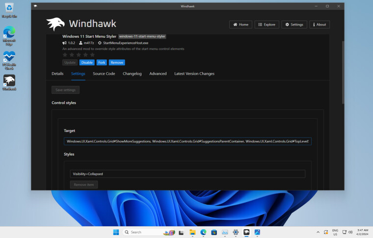 Windawk mod that alllows you to customize Start menu