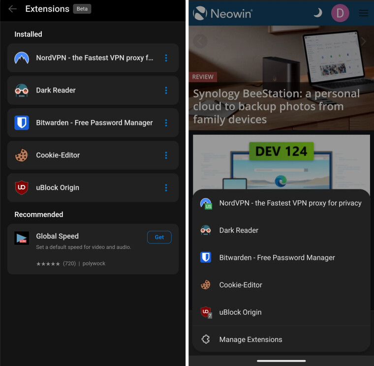 Extensions in Edge for Android