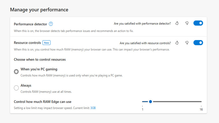 Microsoft edge performance control