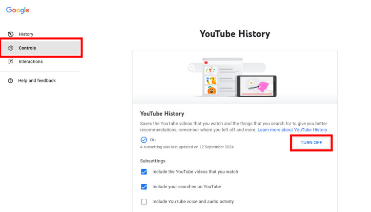 Turn off YouTube History