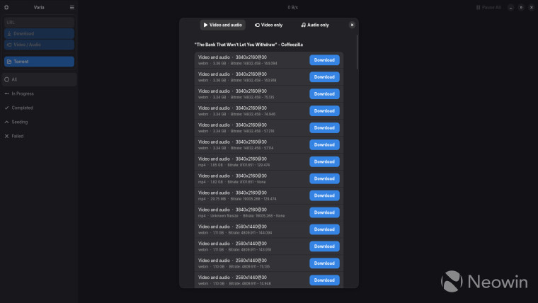 A screenshot of the Varia media downloader