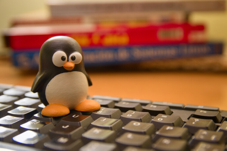 A Tux penguin emblem of the Linux operating system on a computer keyboard