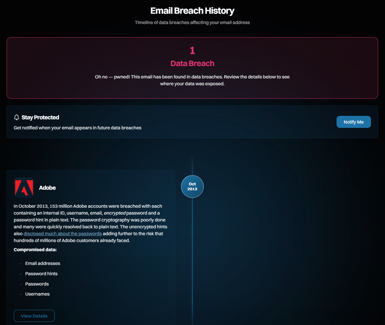 Email Breach History on Have I Been Pwned