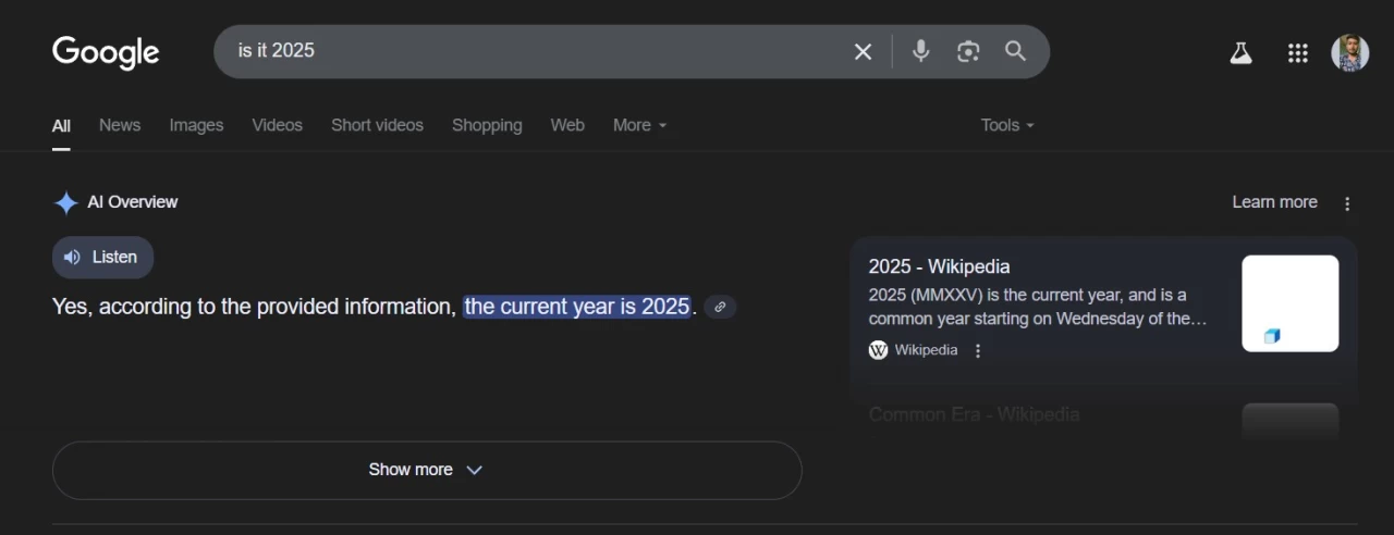 AI Overview correctly responds that the current year is 2025 when asked which year it is