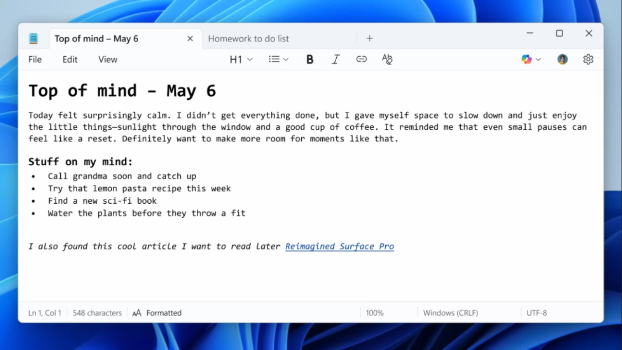 Notepad with text formatting in Windows 11