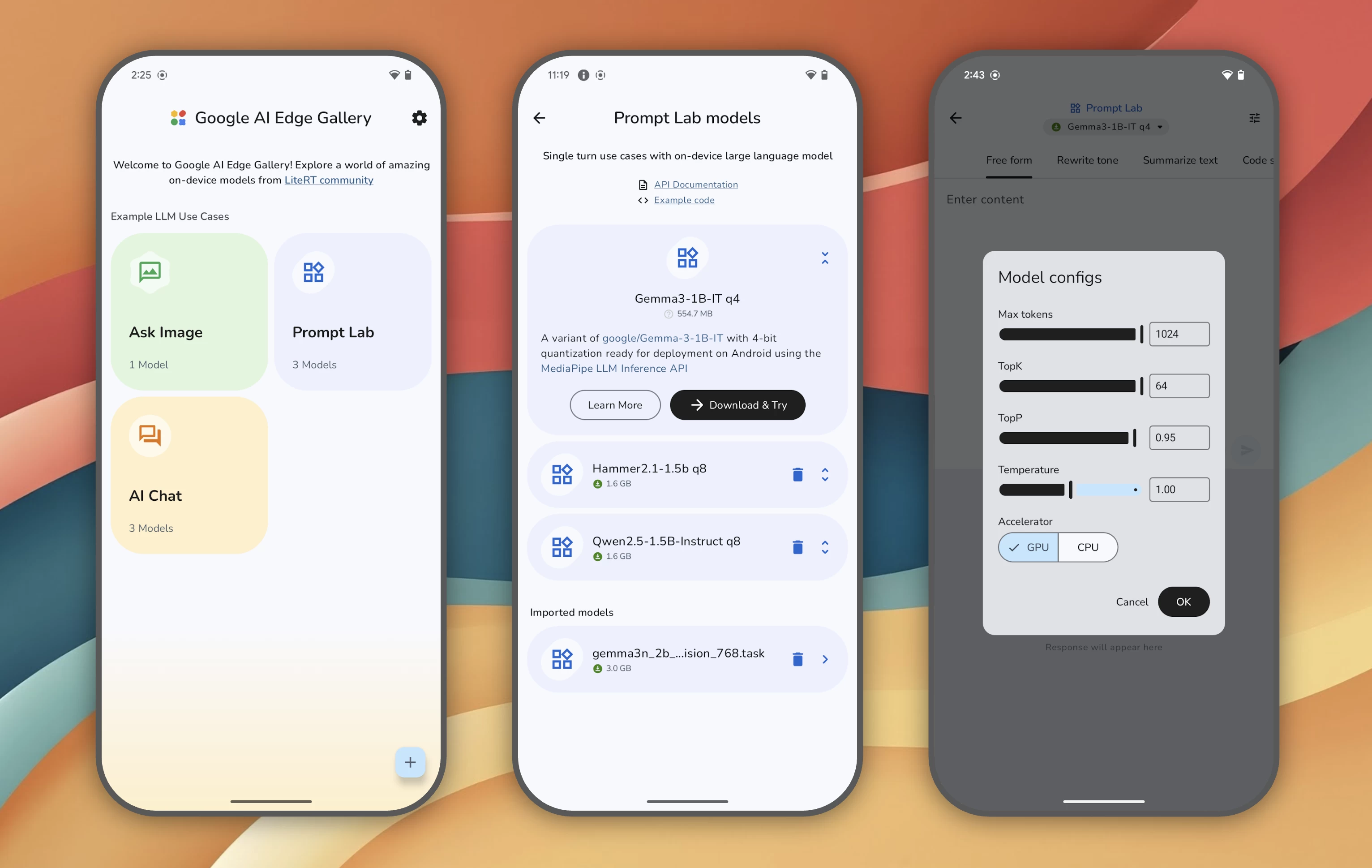 Choosing models and settings on Google AI Edge Gallery
