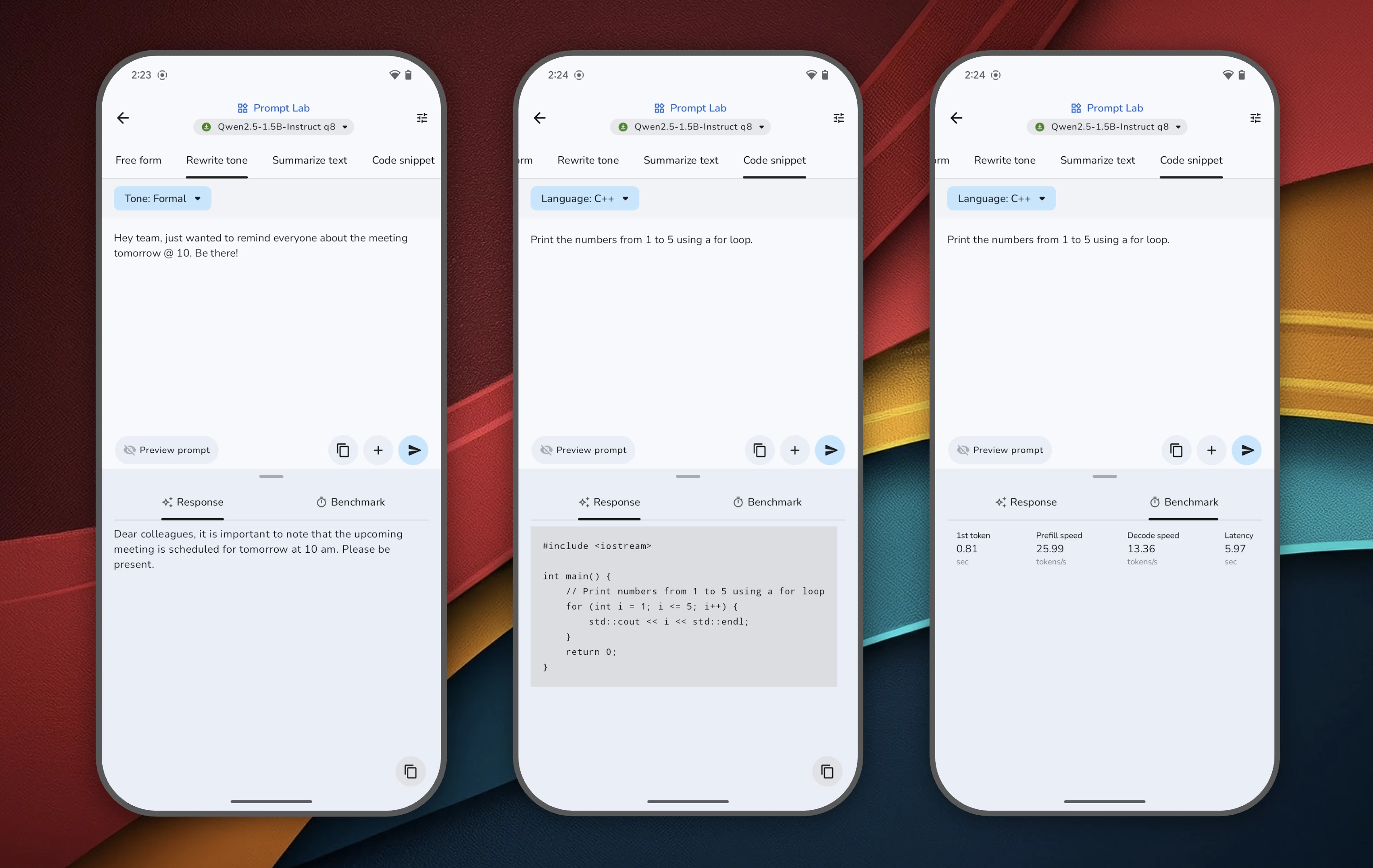 Google AI Edge Gallery prompt lab screenshot