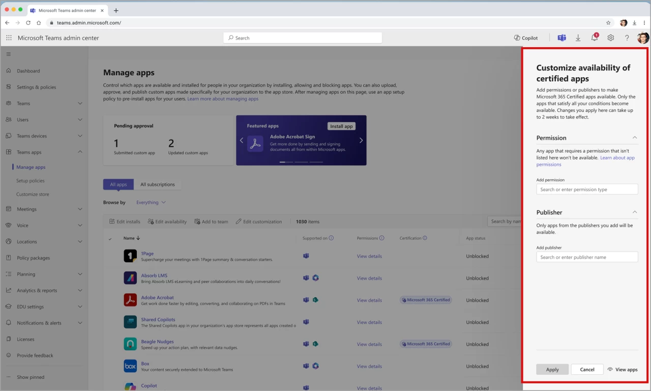 Microsoft 365 Teams third-party certified apps management update