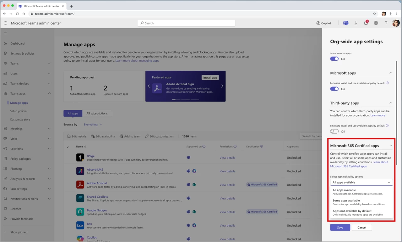 Microsoft 365 Teams third-party certified apps management update