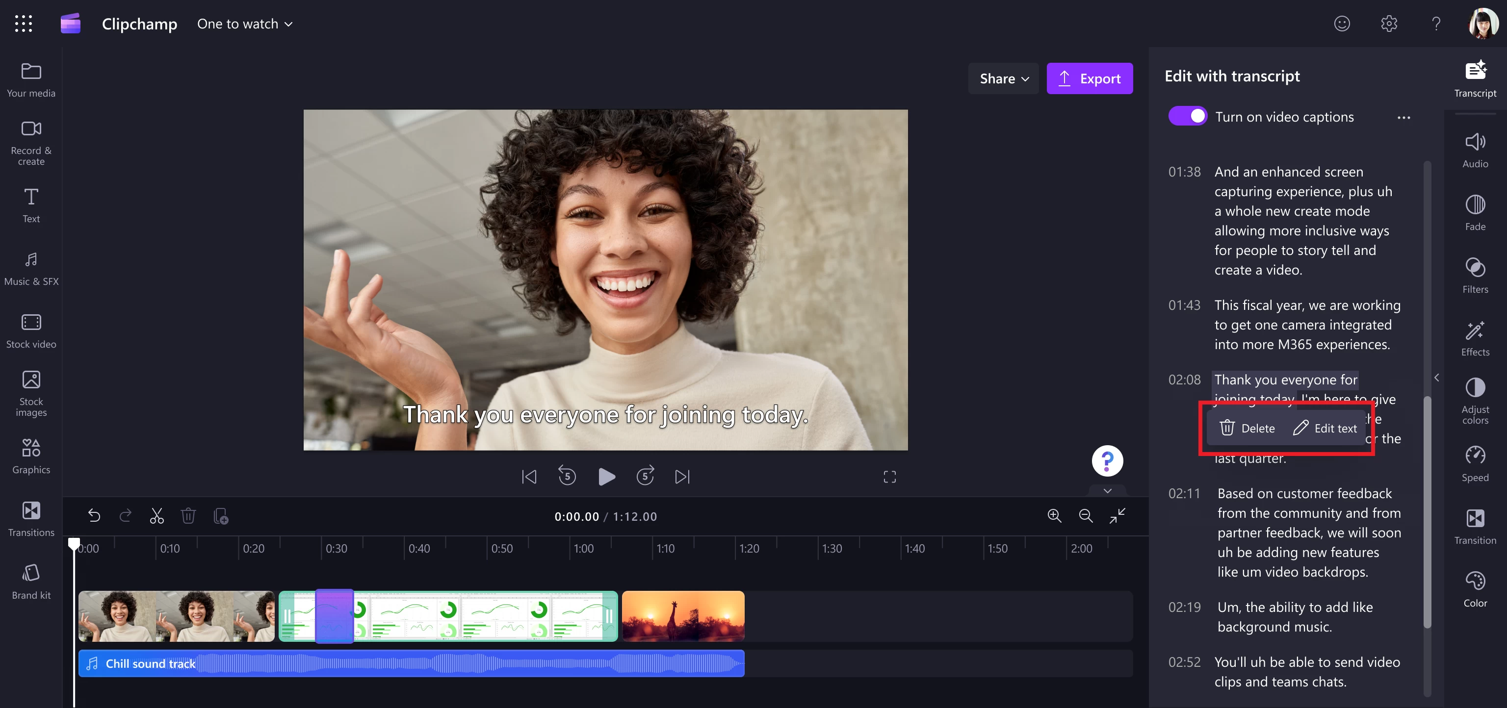 Video Editing with Transcribe in Clipchamp