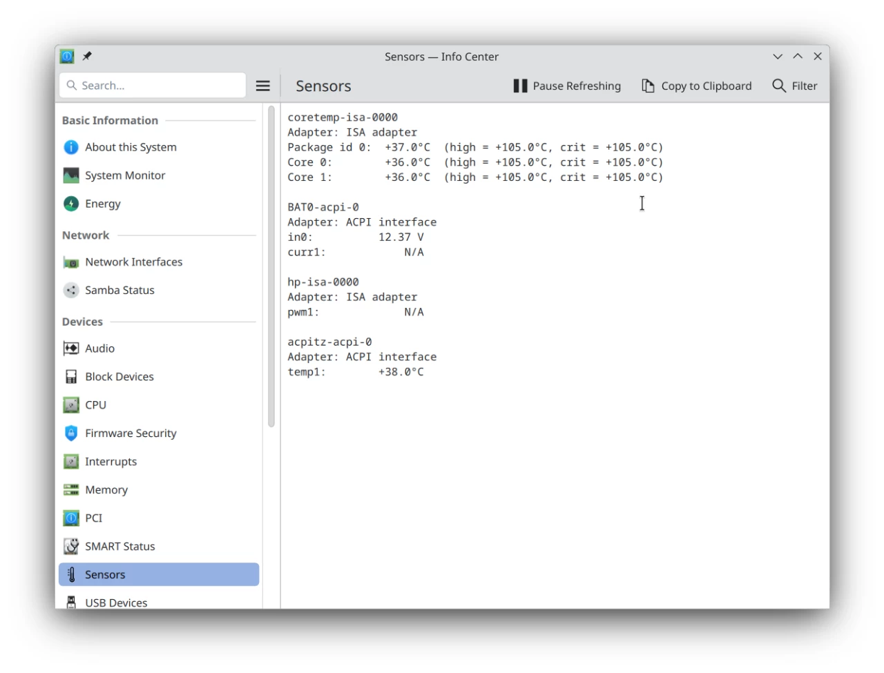 The sensors page shows raw data